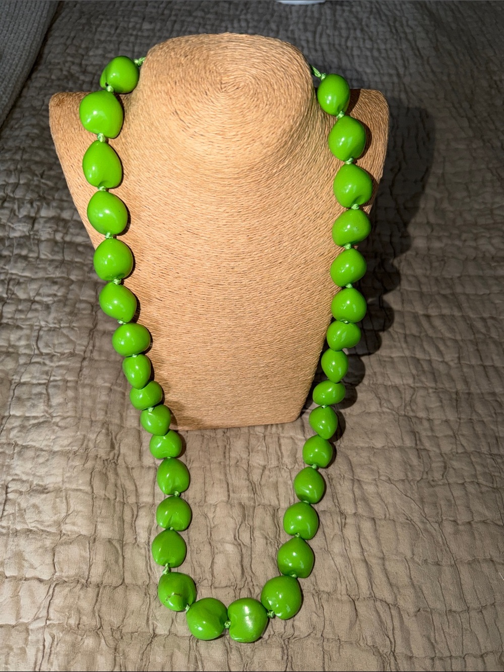 Bright lime Green Kakui nut Statement Bead Necklace Hawaiian satin ribbon